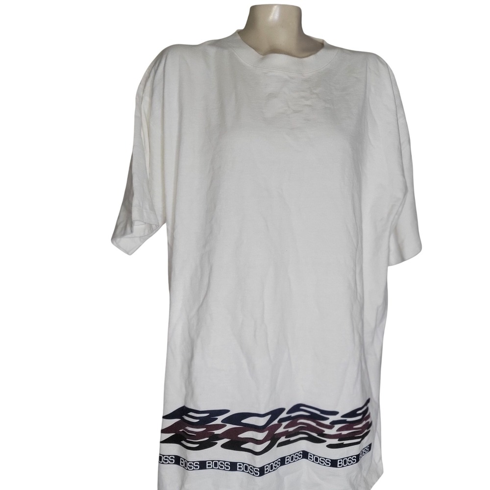 Vintage BOSS T-Shirt Mens XXL White Made in USA Logo Graphic Hem 90s Streetwear